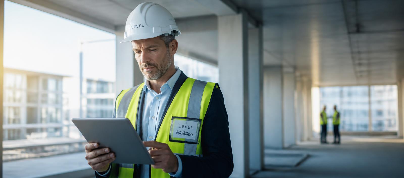 Project manager capturing a daily progress report on a tablet inside a building under construction
